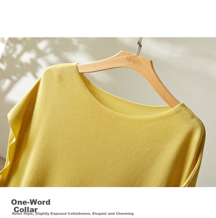 Dme [One-Word Collar Knit Top], Summer Elegant Batwing Sleeve Short-Sleeve Knit Sweater, Women's Blouse 5