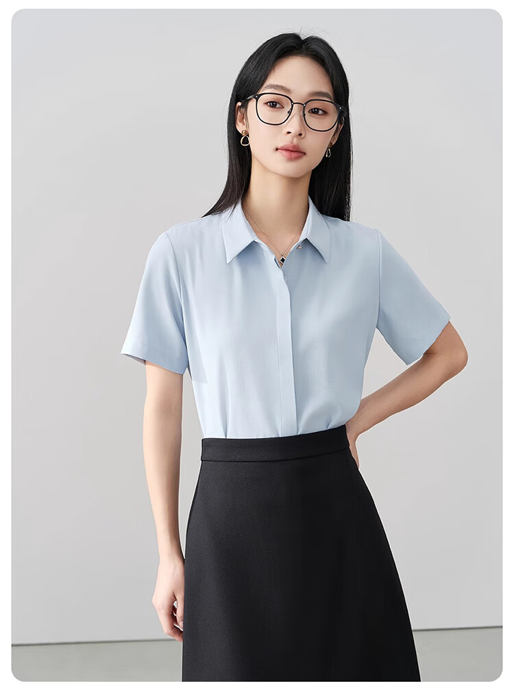 Bodexiaojie Blue Professional Short-Sleeve Blouse for Women, Summer Public Exam Interview Chiffon Top, Commuter Outfit Formal Shirt, Blue, XL 22