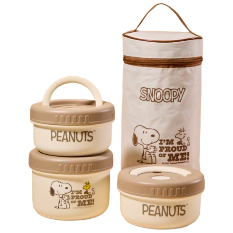 SNOOPY 316L Stainless Steel Insulated Lunch Box Microwaveable Three-Layer Bento Box with Insulated Bag for Office Workers and Students