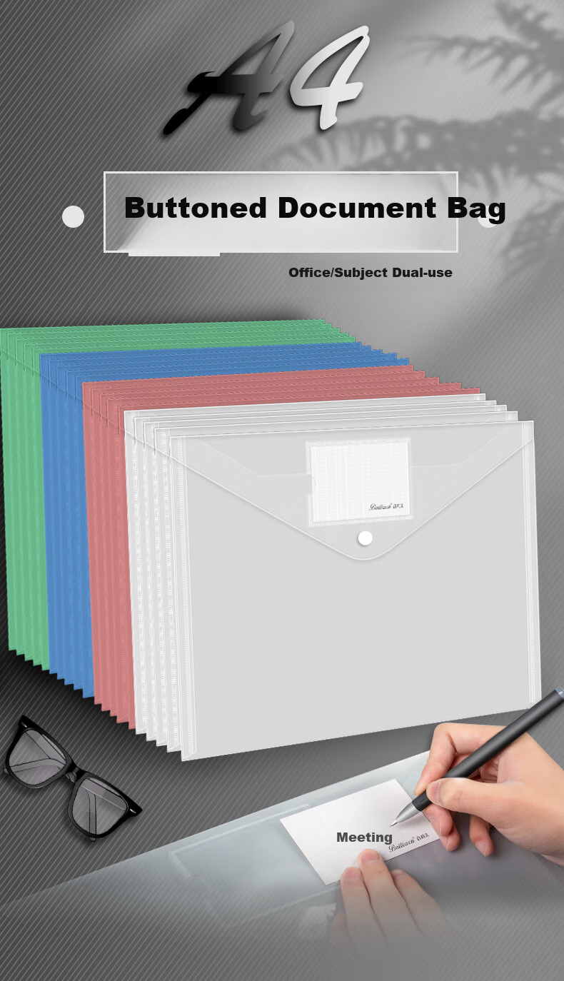 Bailiwen H2232-18 Transparent Document Folders, 20 A4 Button Folders, Thickened Waterproof Storage Bags, File Folders, Office Document Bags, Plastic Waterproof Bags, Student Exam Paper Storage Bags 1