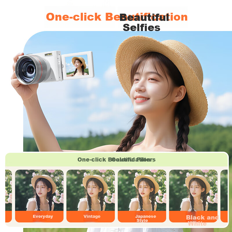CAIZU 64 Million Pixel Digital Camera Selfie Flip Screen Mirrorless Camera Entry-Level Student 4K Recording Alternative CCD Camera Birthday Holiday Gift