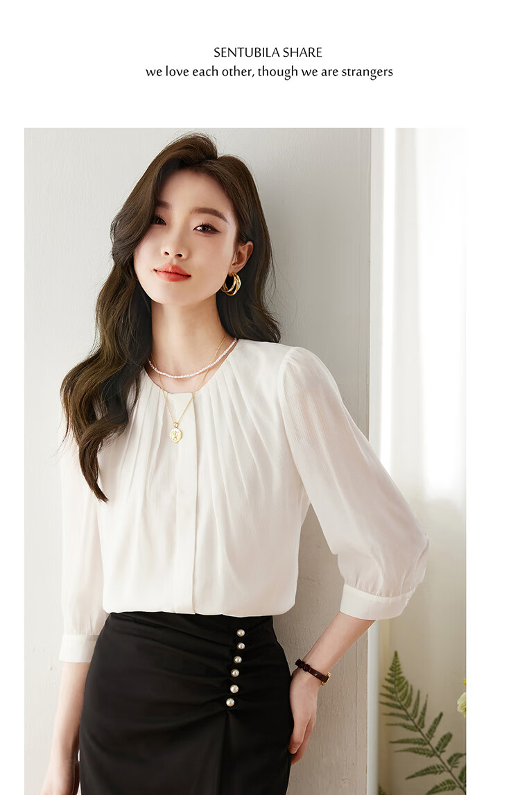 Sentubila Fashionable Round Neck Three-Quarter Sleeve Chiffon Blouse for Women, Autumn Elegant Youthful Style Office Wear Top, White, Size S 8