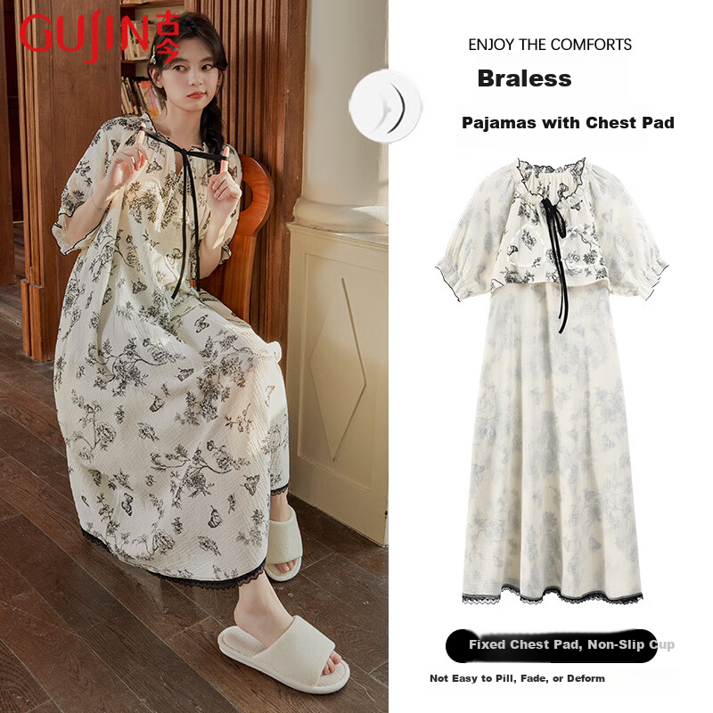 GUJIN Padded Nightgown for Women, Spring And Summer New Sweet Floral Short-Sleeve Thin Age-Reducing Sleepwear Dress, Suitable for Outdoor Wear