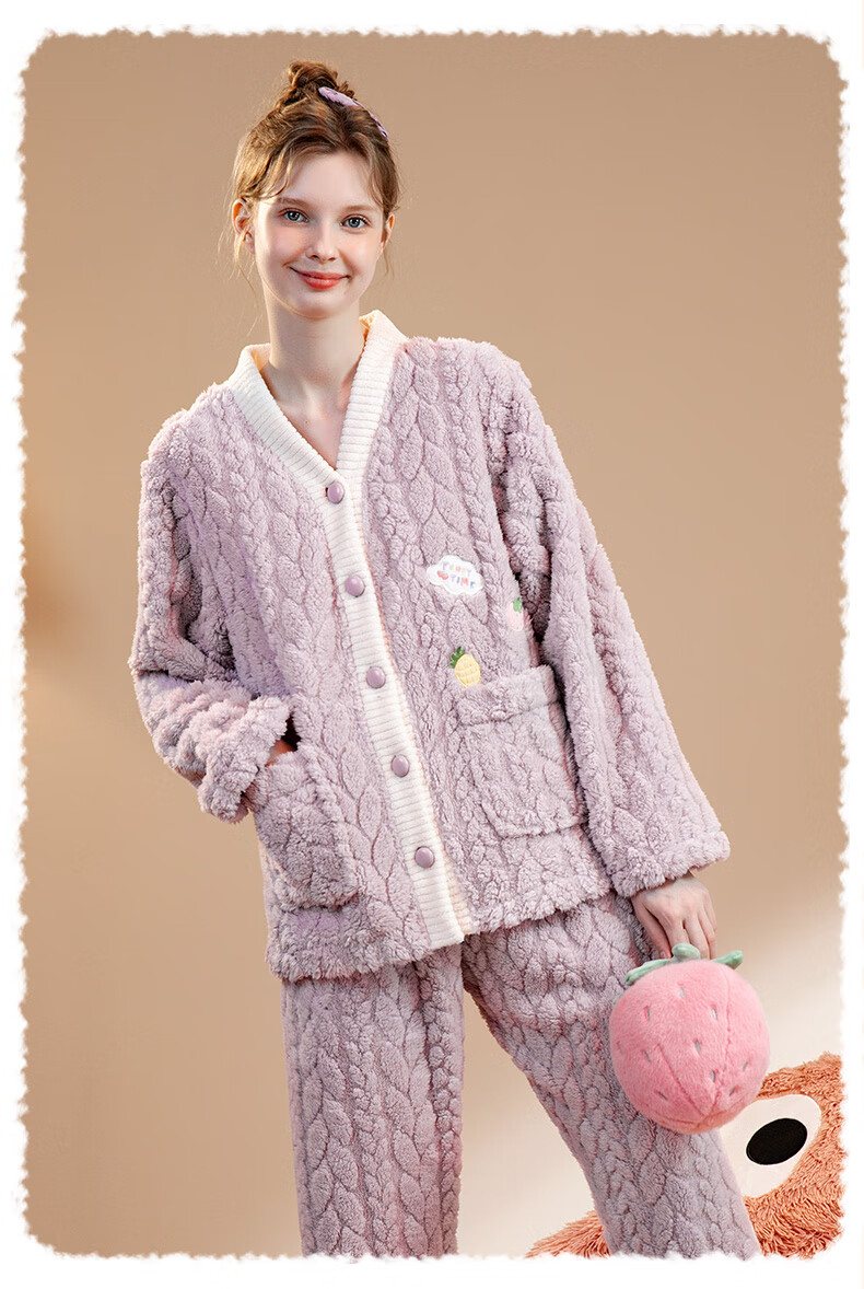 FENTENG Women's Thickened Double-Sided Warm Fleece V-Neck Cardigan Pajama Set Autumn Winter Homewear 2