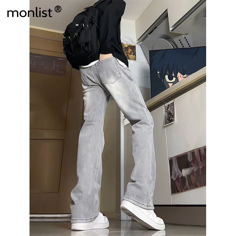 MON-LIST Men's Jeans, Spring And Autumn Season, Slightly Flared Slim Fit, American High Street Casual Straight-Leg Pants, MLK03 Smoke Gray, XL