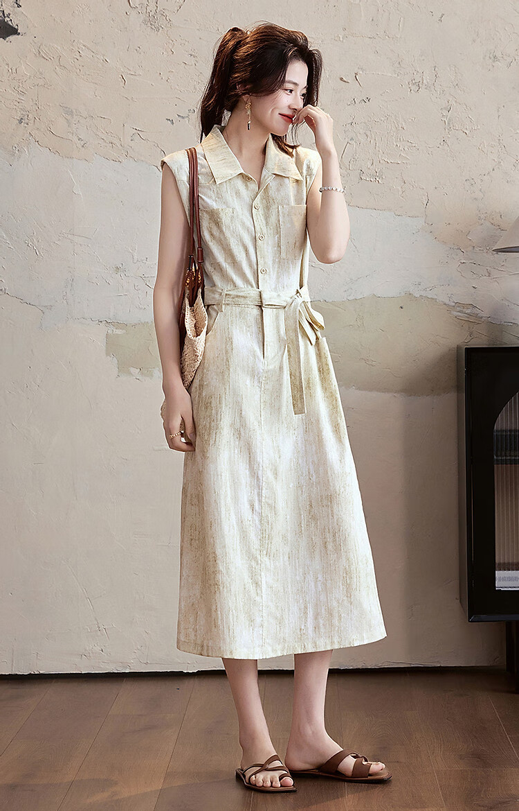 Dme [Zhi Gan Gongzhuang] Summer Faux Bamboo Joint Linen Two-Tone Gradient Lapel Straight-Fit Slimming Women's Dress 6