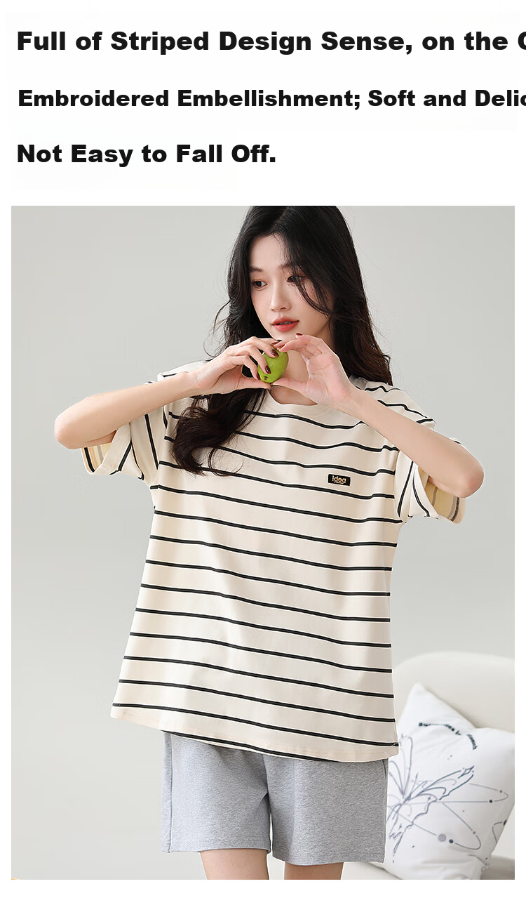 MiiOW [With Chest Pads to Prevent Nipple Show] Women's Summer Pajamas, Pure Cotton Sporty Casual Striped Loungewear, Beige 8