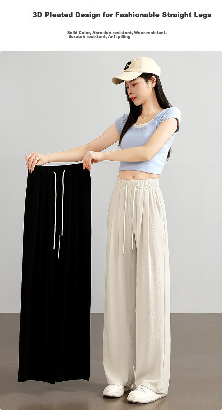 XUEXIMAN Ice Silk Wide-Leg Pants, Lightweight Women's Style, New Summer 2025 Trousers, Breathable Draping Straight-Leg Casual Pants, Cool High-Waist Pants 7