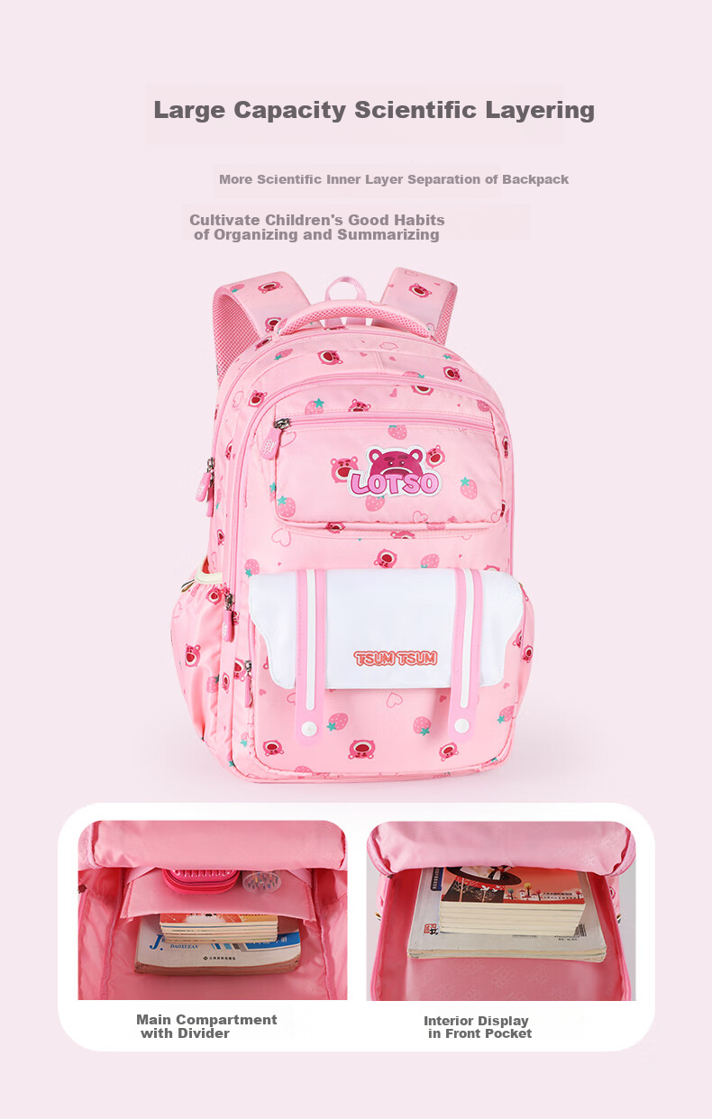 Disney Backpack for Elementary School Girls in Grades 3-6, Strawberry Bear Children's Backpack for Junior And Senior High School Students, Model 80269 Pink 3