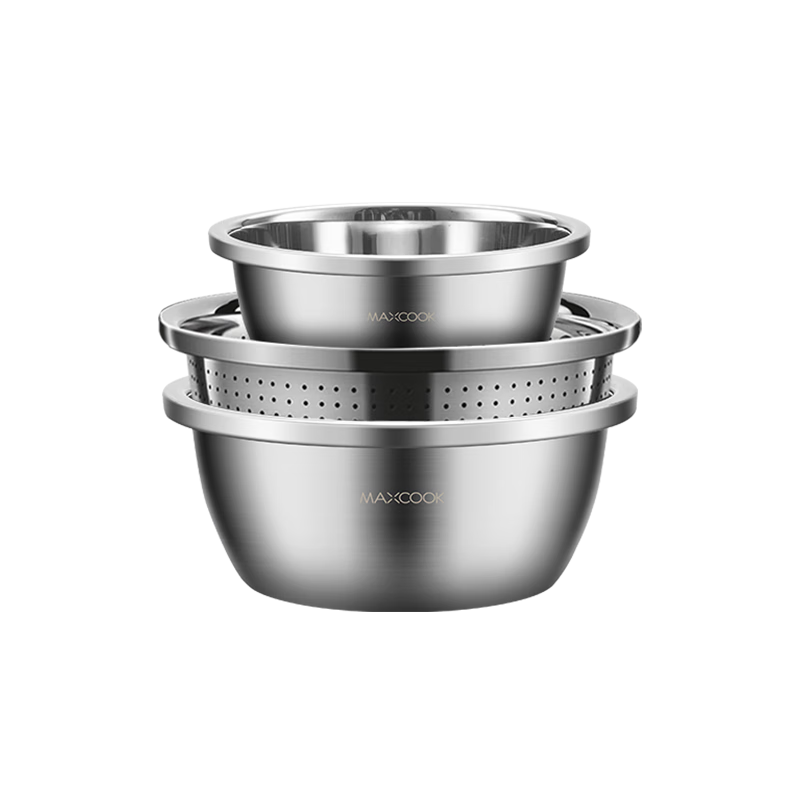 MAXCOOK 316L Stainless Steel Bowl and Sieve 3-Piece Set Large Seasoning Bowl, Vegetable Washing Bowl, Dough Mixing Bowl, Rice Sieve MCWA5745