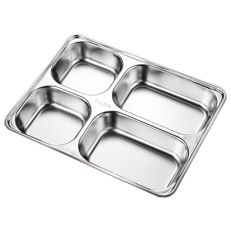 MENGTING 304 Stainless Steel Deep And Thick Four-Compartment Plate, Serving Tray for School Cafeteria, Fast Food Plate