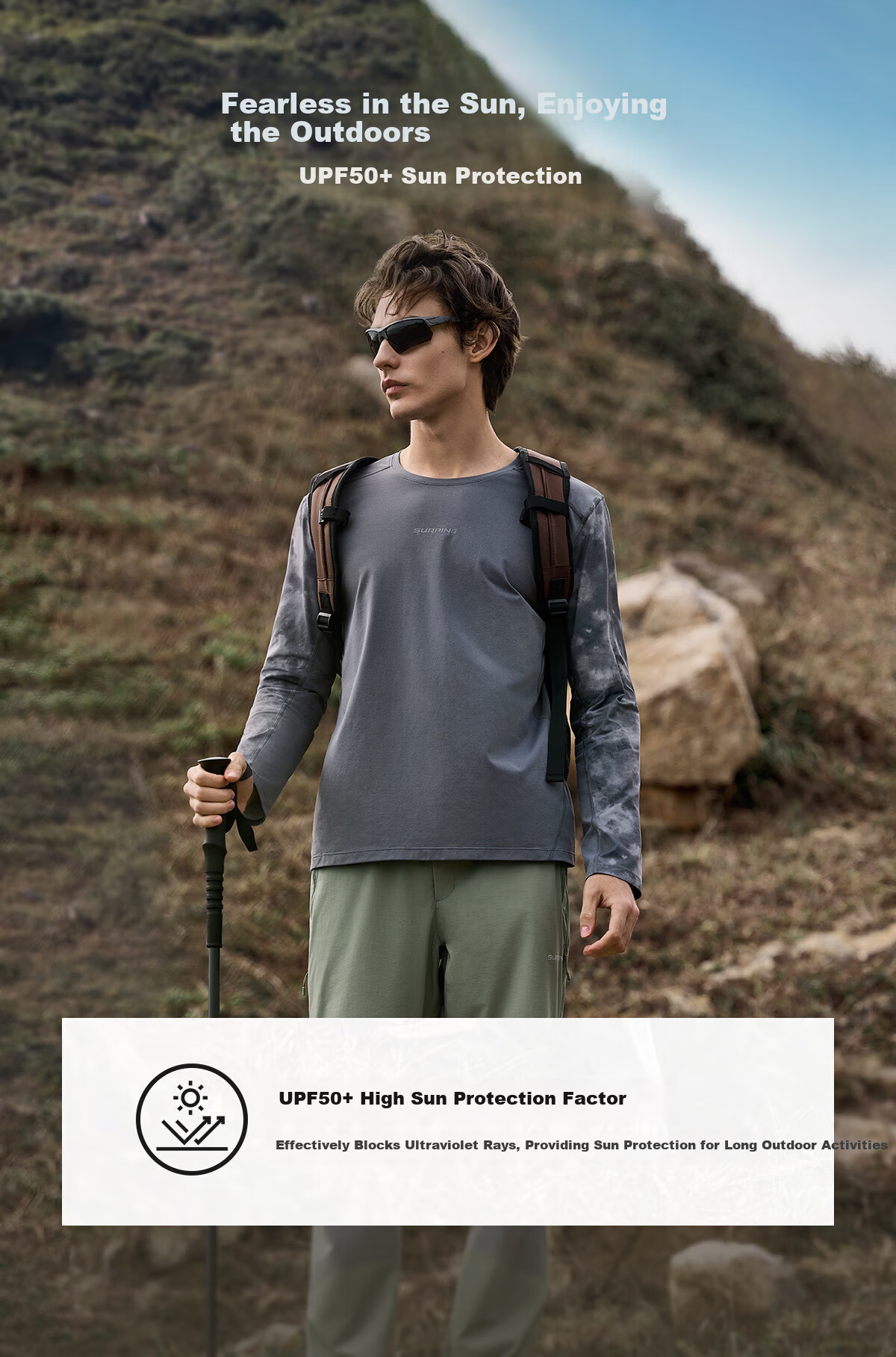 SURPINE Cloud-Walking Series Quick-Dry Sun Protection T-Shirt, Moisture-Wicking Outdoor Hiking Climbing Long Sleeve for Men, Light Mist Blue, M 3