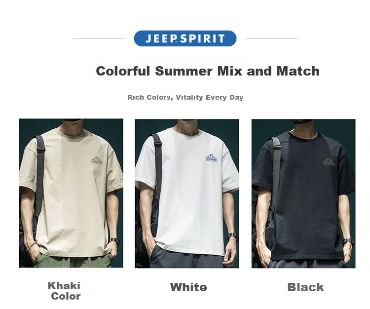 JEEP SPIRIT Heavyweight Short-Sleeve T-Shirt for Men, Summer Large Size Half-Sleeve Tee with American Print Top, Black, XL 1