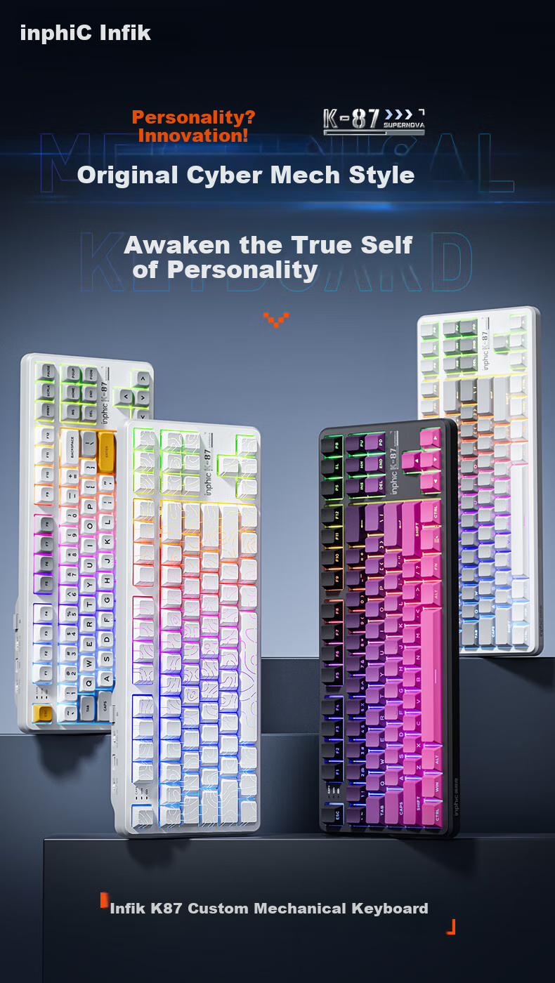 INPHIC K87PRO Wireless Mechanical Keyboard Wired 87-Key Bluetooth Tri-Mode Gasket Custom Full-Filled Side-Engraved HIFI Gaming Esports Office Silver 2