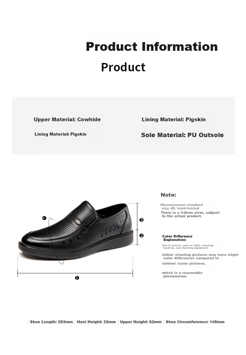 Aokang Men's Shoes, Spring And Summer Business Casual Leather Shoes, Cowhide Slip-On Comfortable Wear-Resistant Dad Shoes, Black Hollow Breathable, Size 38 5