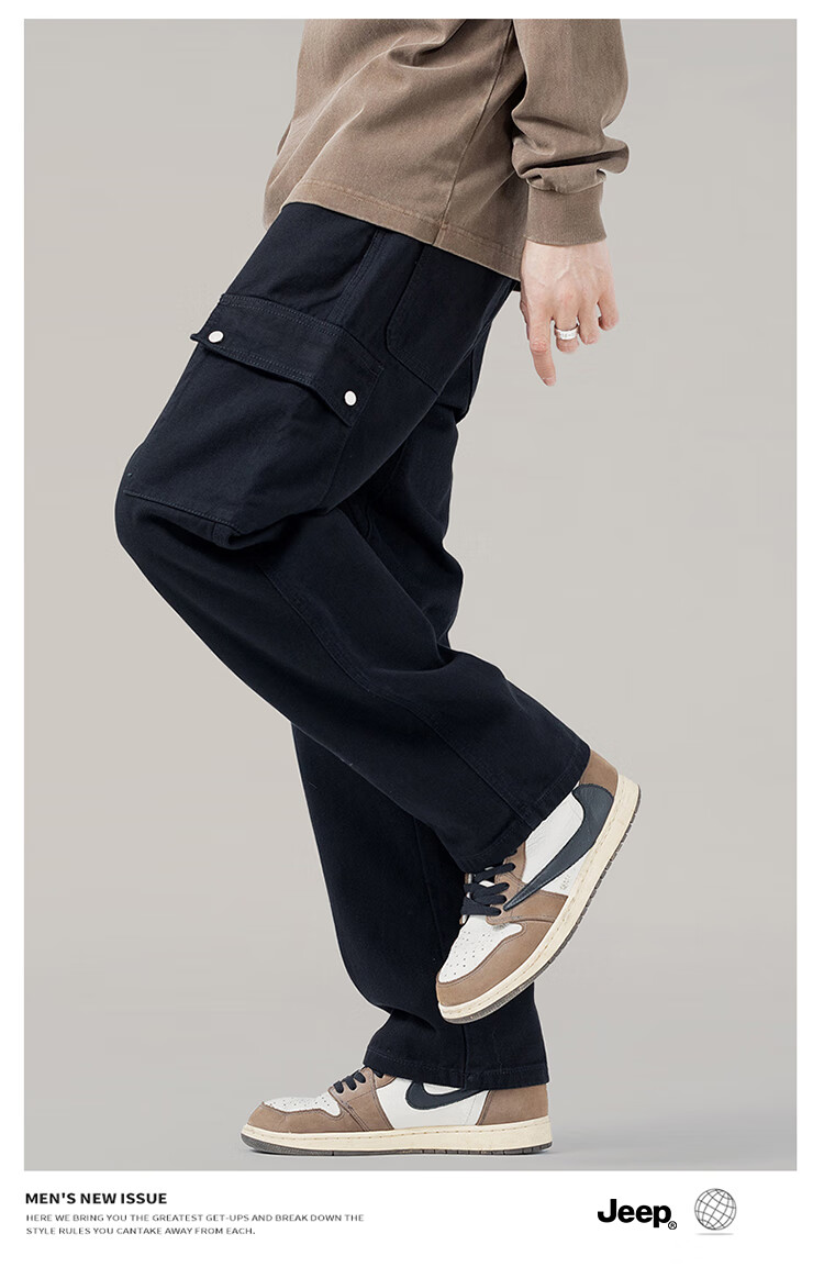 JEEP Men's Cargo Pants, Casual Straight-Leg Trousers, Spring And Autumn Trendy Loose-Fit Long Pants, Black, Size 31 3