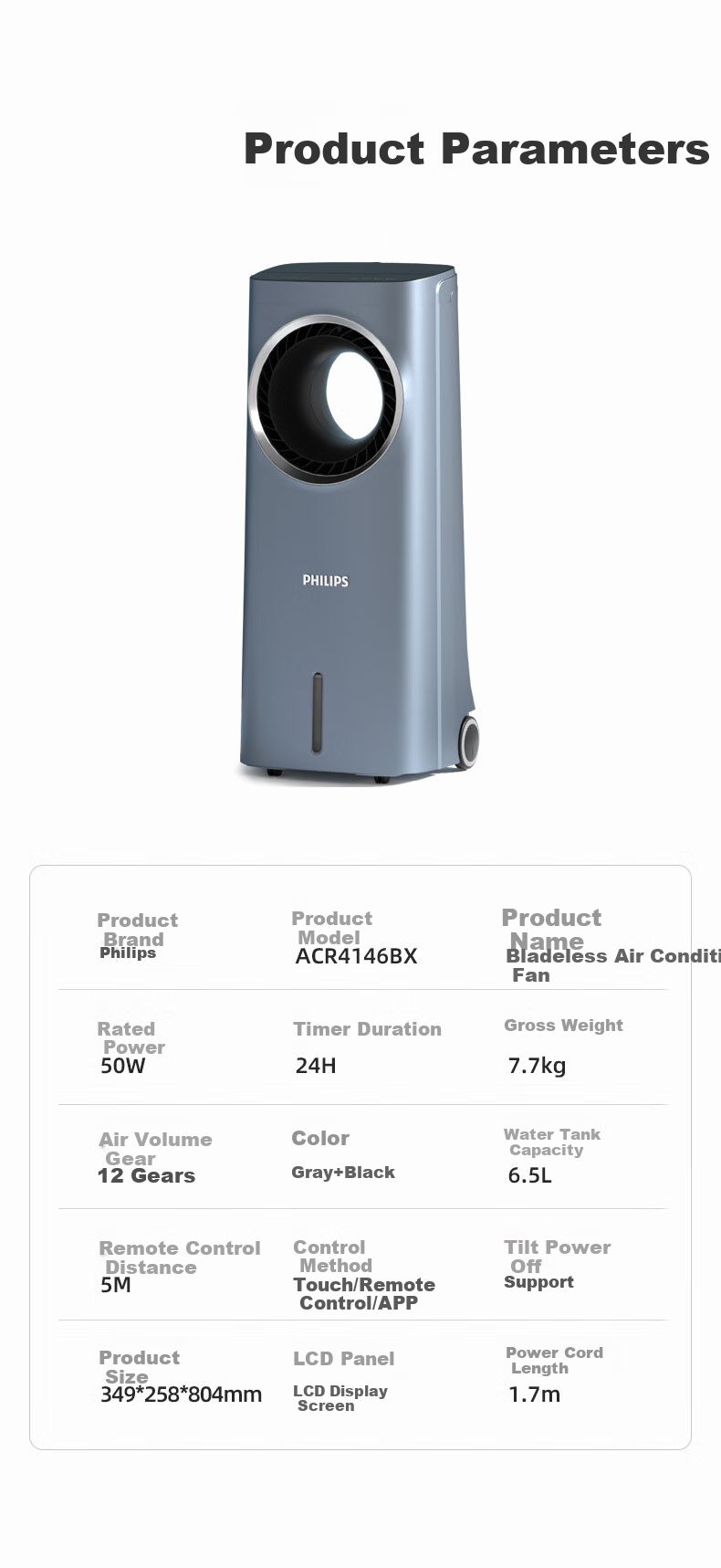 PHILIPS Air Cooler, Powerful Cooling Fan for Home Use, Bladeless Water-Cooled Electric Fan, Floor-Standing Tower Fan, Negative Ion Purification, Remote Control, Humidifying Air Circulator ACR4146BX 12