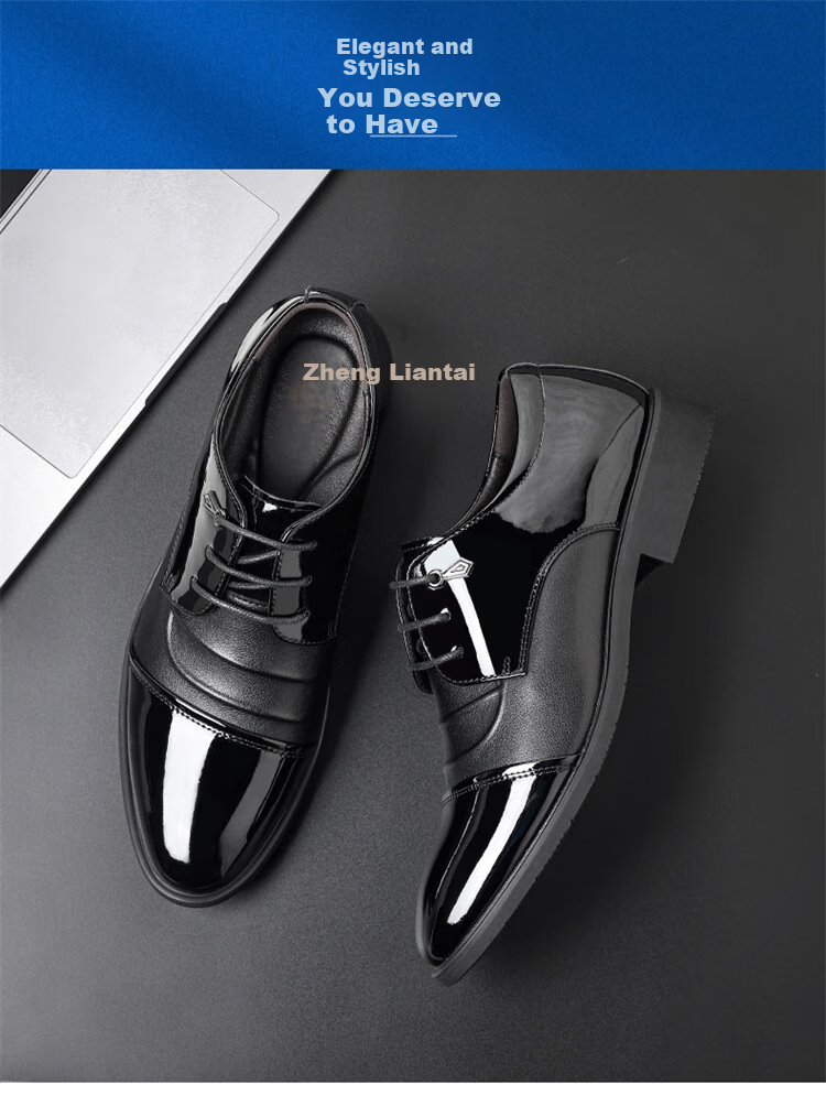 Zhengtai British Men's Leather Shoes, Low-Top Formal Business Shoes, Lace-Up Glossy Leather Shoes for Men, JZ0186 Black Height-Increasing Style, Size 39 5