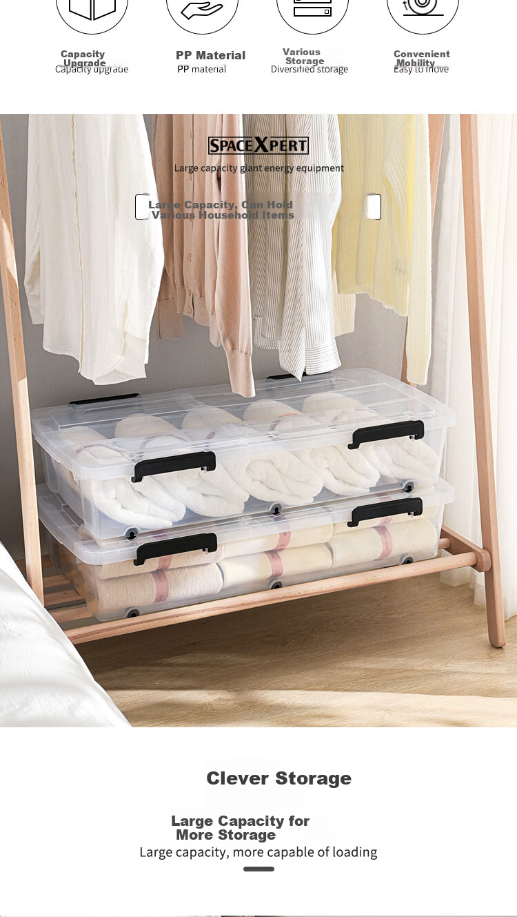 SPACEXPERT Extra Large Under-Bed Storage Box, 65L Volume, 52L Capacity, Transparent, Set of 2, with Wheels 2