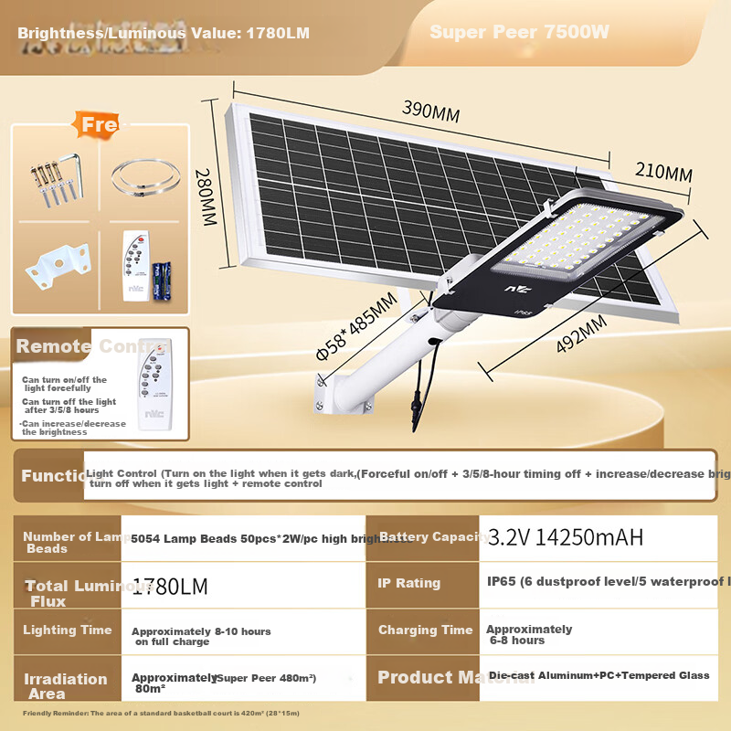 NVC Solar Outdoor Lighting, Garden Light, Street Lamp, Outdoor Light, Waterproof, Light-Controlled, Remote-Controlled, 1780lm+, Illuminates about 80㎡