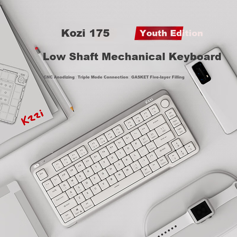 Механическая клавиатура KZZI I75 Youth Edition, короткий шток, трехрежимная, портативная, с горячей заменой, RGB, белая