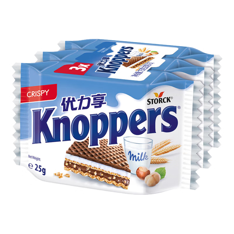 Knoppers优力享 德国进口 牛奶巧克力榛子威化饼干75g3片休闲零食夹心饼干