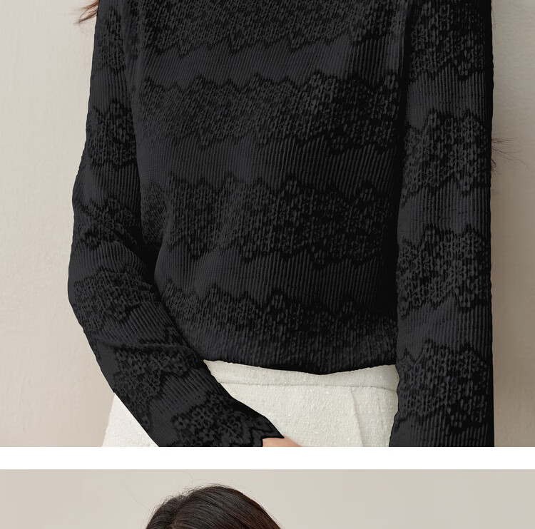 Sentubila Semi-Turtleneck Floral Textured Lace Slim Fit Long Sleeve Top for Women Autumn Hollow Out Inner Layer Shirt 14