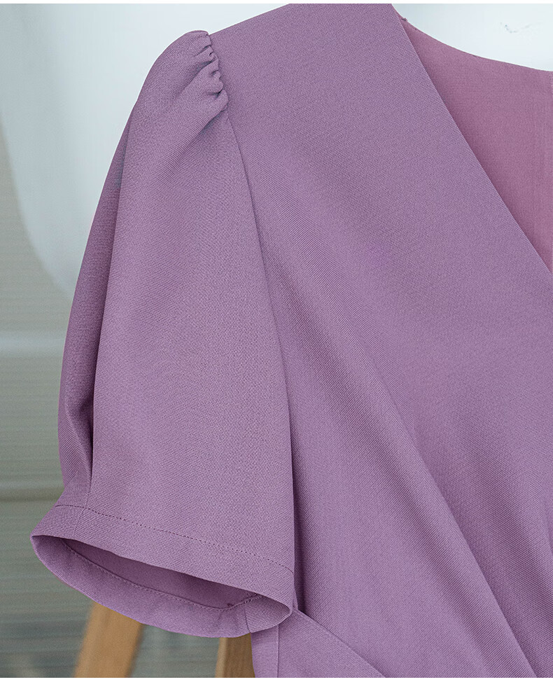 ROEYSHOUSE Slim Waist Twist Knot Dress Summer Elegant Puff Sleeve Mid-Length Dress 06439 Light Purple M 10