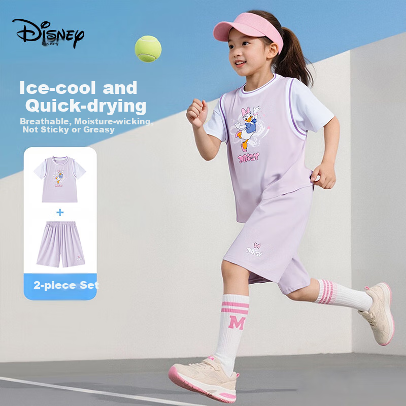 Disney Girls' Sports Set, 2026 New Quick-Dry Clothing, Children's Short-Sleeve Outfit, Summer Top And Shorts Two-Piece Set, Kids' Wear