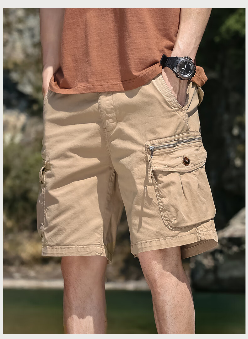 EASTERN CAMEL Men's Cargo Shorts, Casual Five-Point Pants, Spring And Summer Mid-Length Pants, Thin Style, Large Pocket Trousers, Khaki, Size 29 18