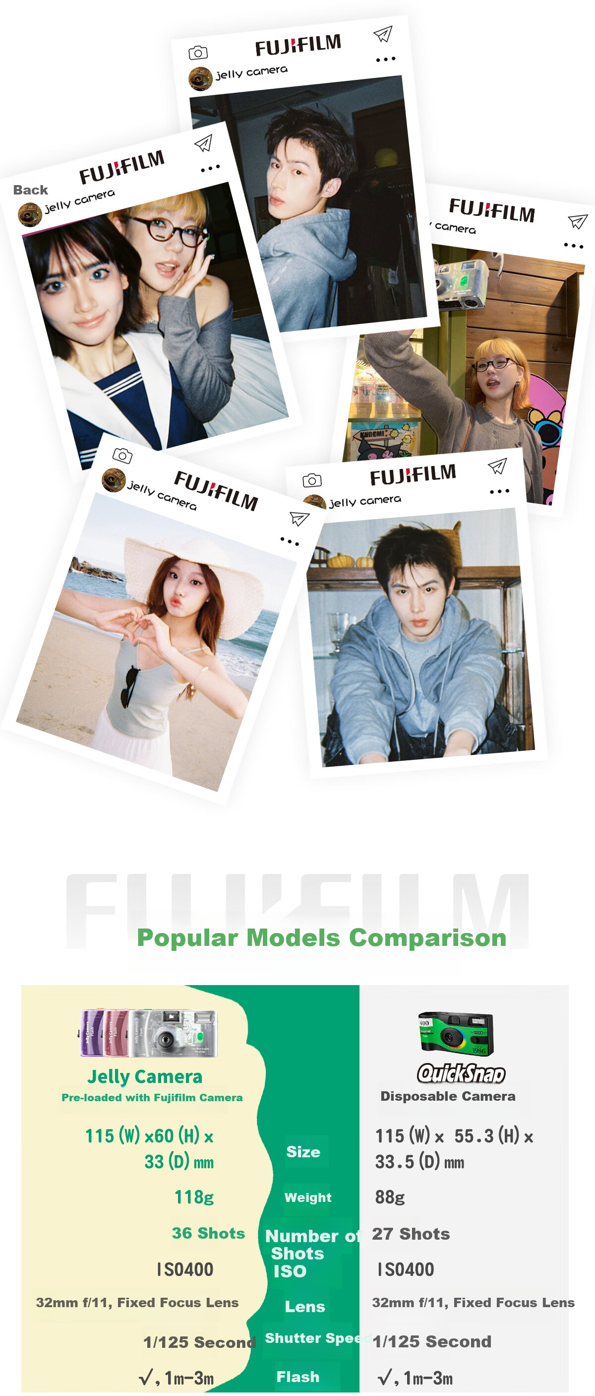 FUJIFILM Gelatin Camera, Film Camera, C400 Film Camera Gelatin Camera, Can Take 36 Photos, Lime Green, Transparent Film Camera, Disposable Film Camera 4