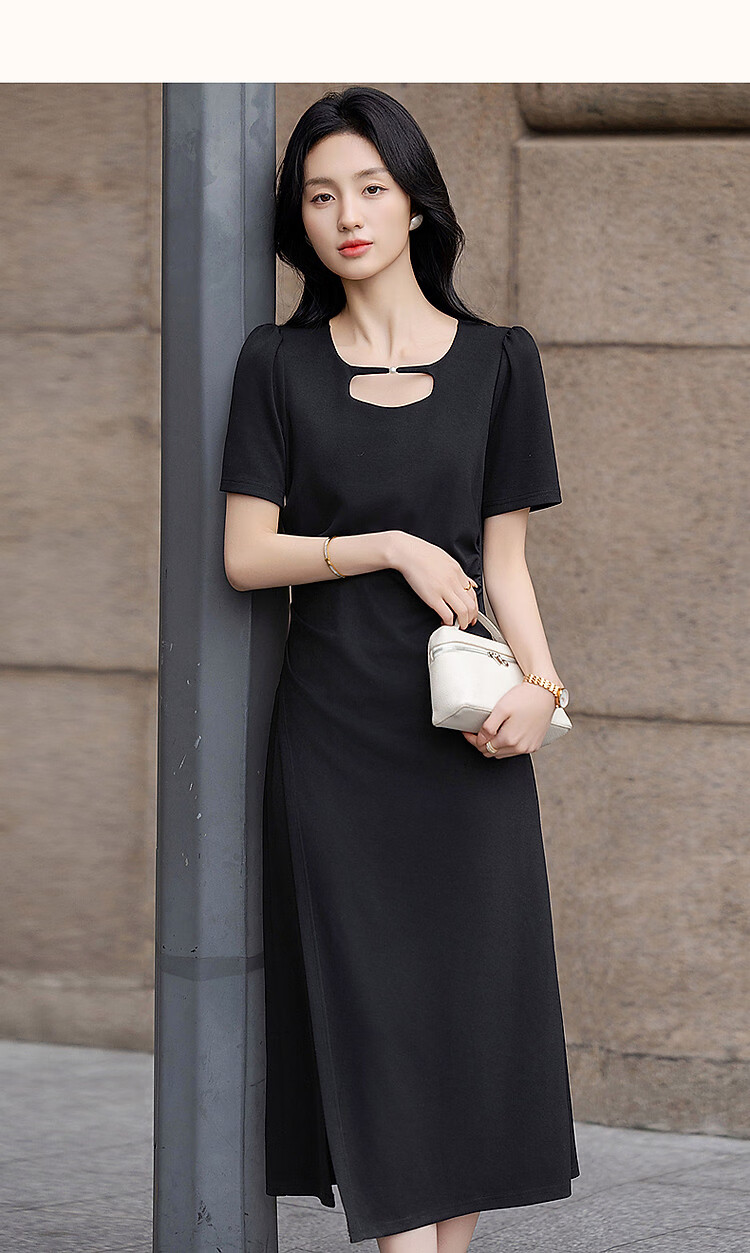 Dme [Black Spade Contract] Summer Elegant 250G Cotton-Like Breathable Layer Round Neck Waist-Cinching Side Slit Women's Dress 10