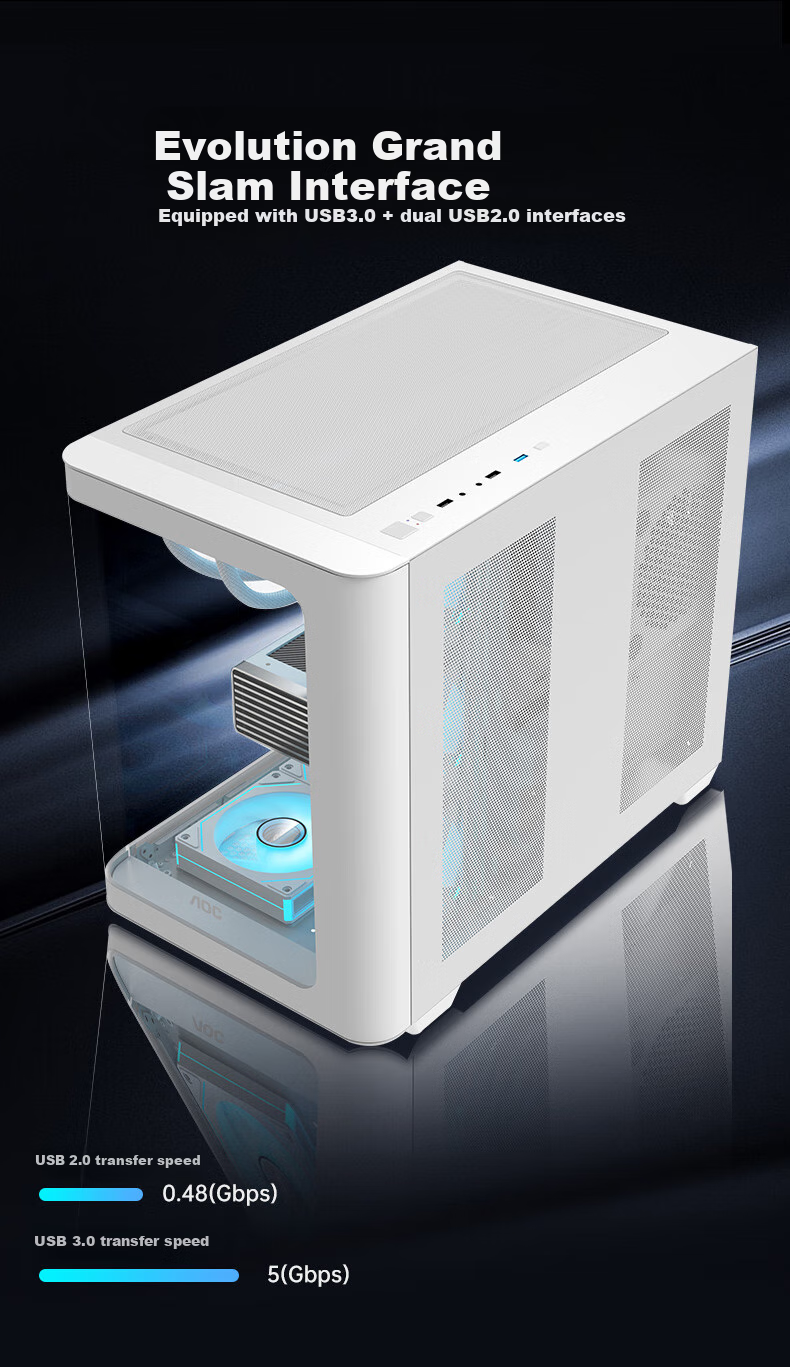 AOC Case CG453 White ATX Curved Glass Desktop Gaming PC Case, Front Curved Glass/Left And Right Compartments/Supports 360mm Water Cooling/10 Fan Positions 3