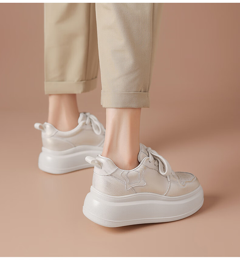 BOERDIQI Top-Grain Leather Versatile White Sneakers for Women, Thick-Soled Height-Increasing Casual Sports Shoes, White And Black, Size 36 18