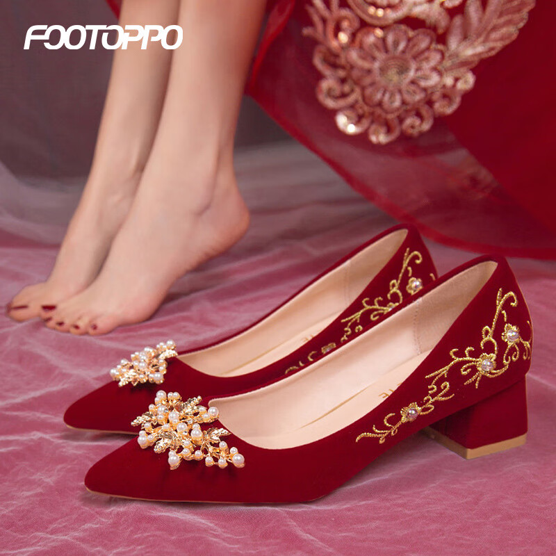 Женские свадебные туфли FOOTOPPO на красном блочном каблуке в китайском стиле, туфли для невесты, туфли на высоком каблуке для свадебного платья
