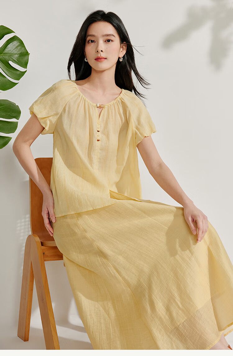 Inman French Style Ramie Cotton Lantern Sleeve Shirt Summer Women's Casual Design Lazy Short Sleeve Top Light Blue XL 16