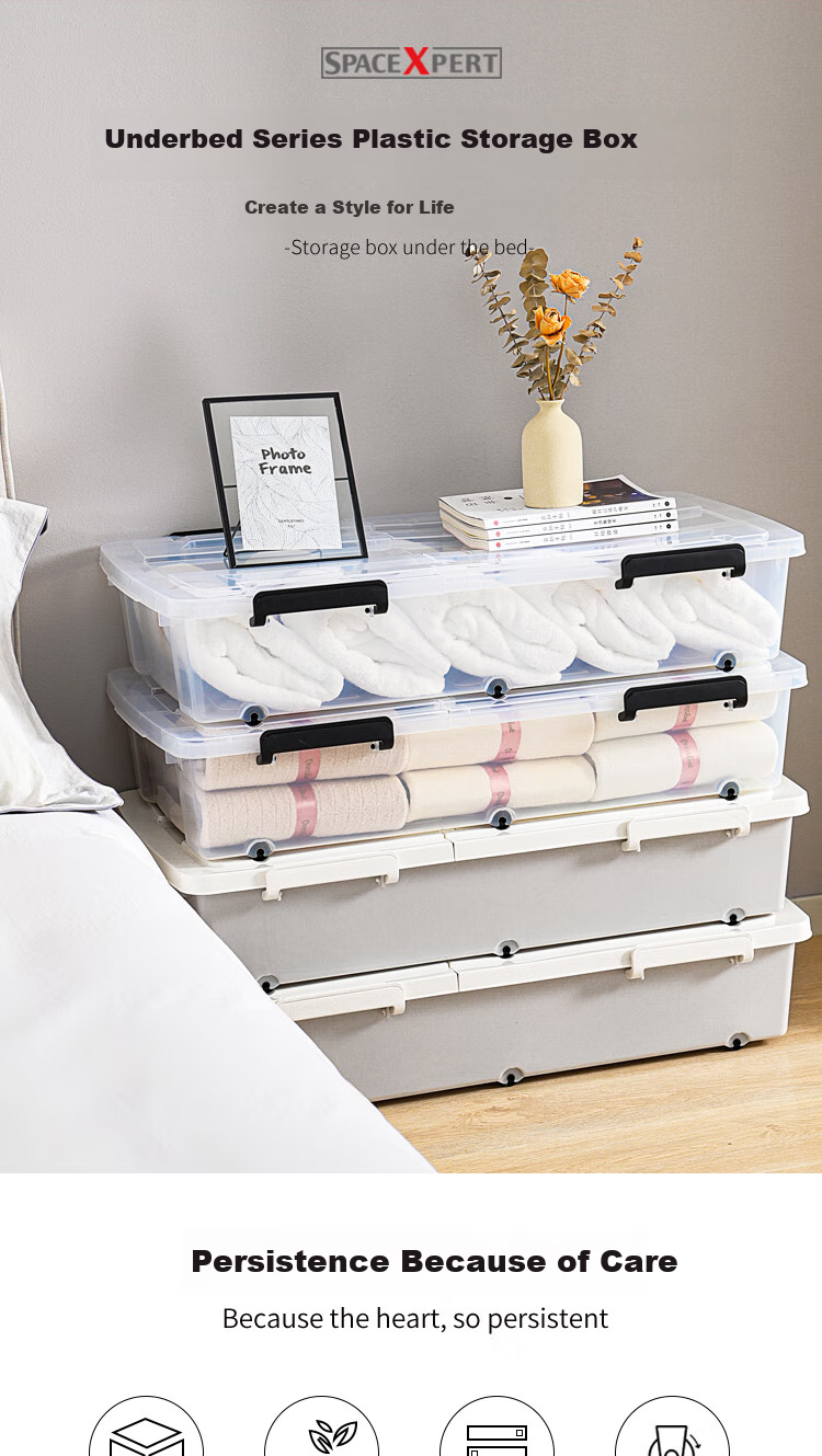 SPACEXPERT Extra Large Under-Bed Storage Box, 65L Volume, 52L Capacity, Transparent, Set of 2, with Wheels 1