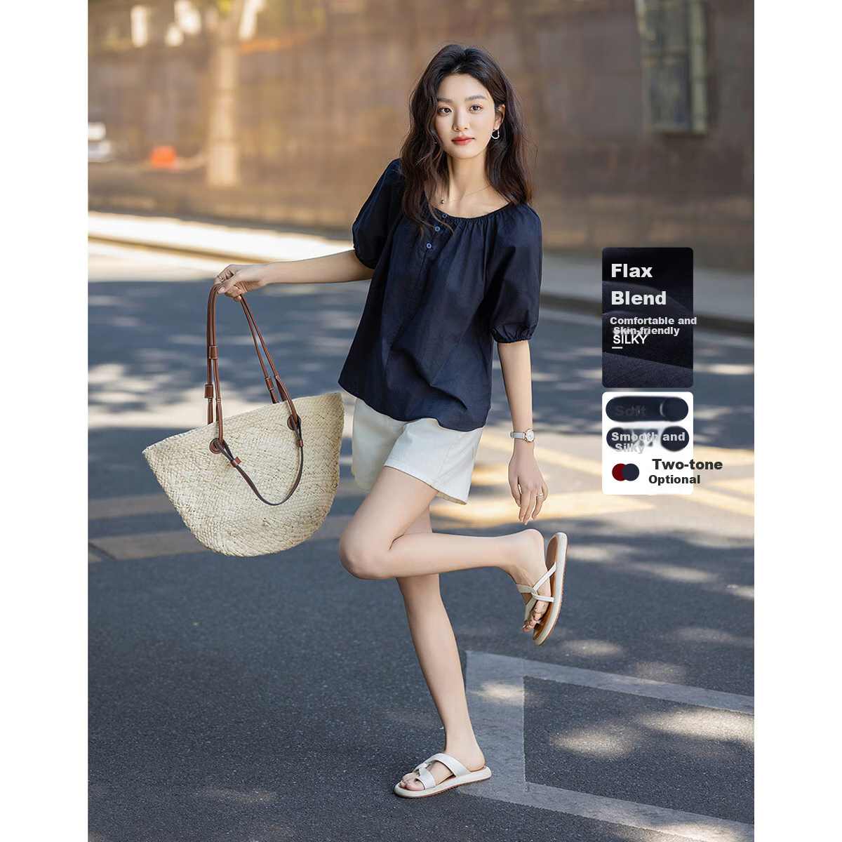 Dme [Elastic One-Shoulder Round Neck Two-Way Wear] Summer Lightweight Linen Cotton Blend Blouse Elegant Shirt Women's Top