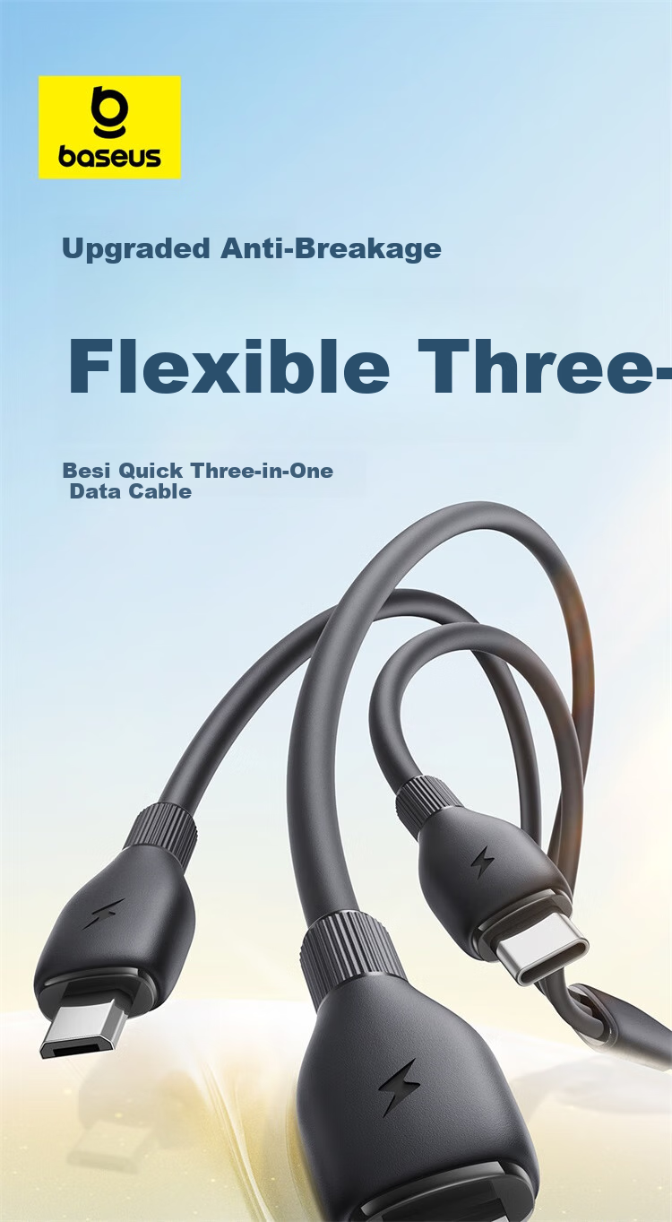 Baseus Apple 16/15 Charging Cable, Three-In Data Cable, Fast Charging 3.5A, Multi-Function Type-C Cable for Huawei Xiaomi Phones And Car Use, Moonlight White, 1.2 Meters 3