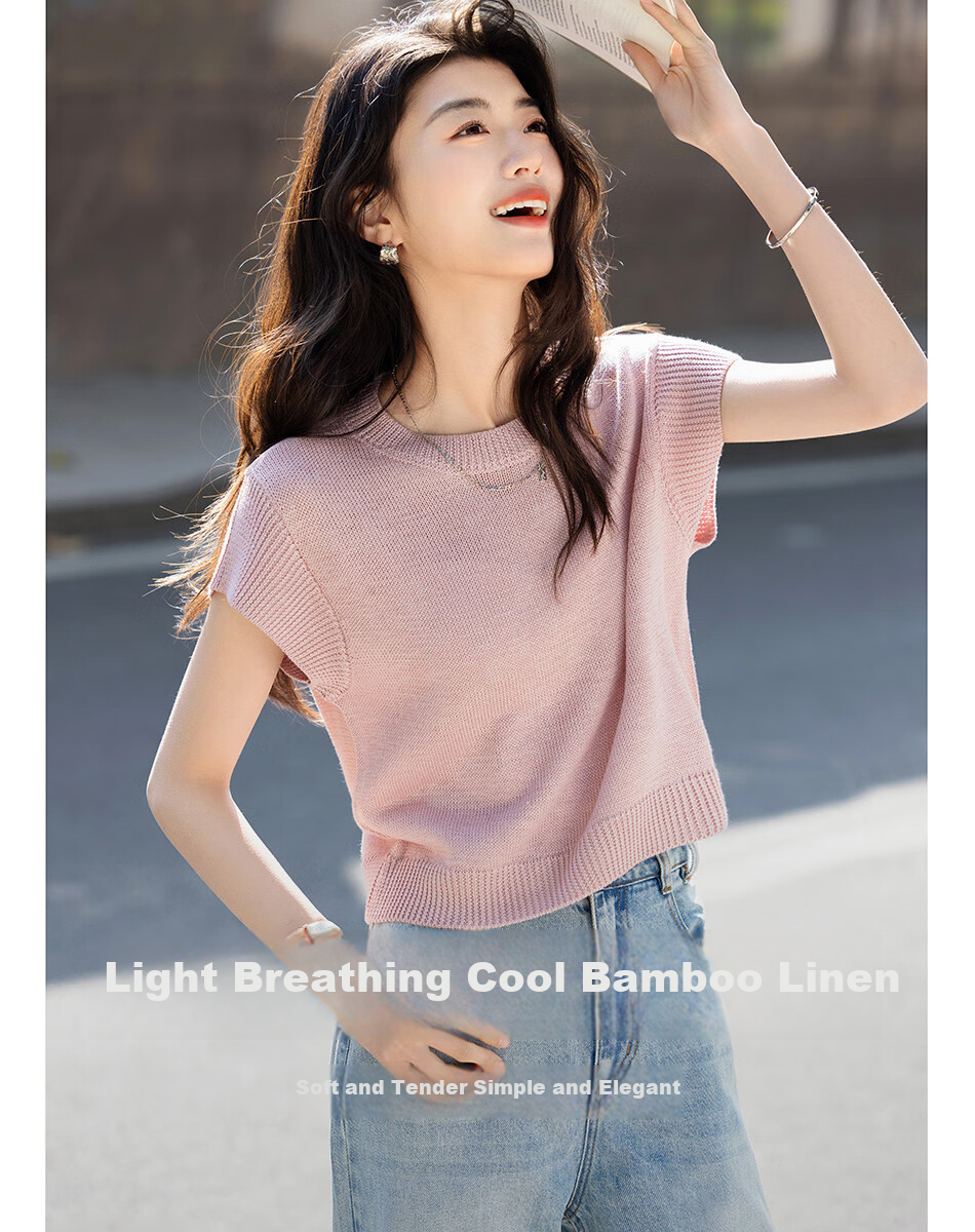 Dme [Selected Bamboo Fiber] Summer Elegant Round Neck Sleeveless Sweater, Short Elastic Slim-Fit Knitted Top for Wome 1
