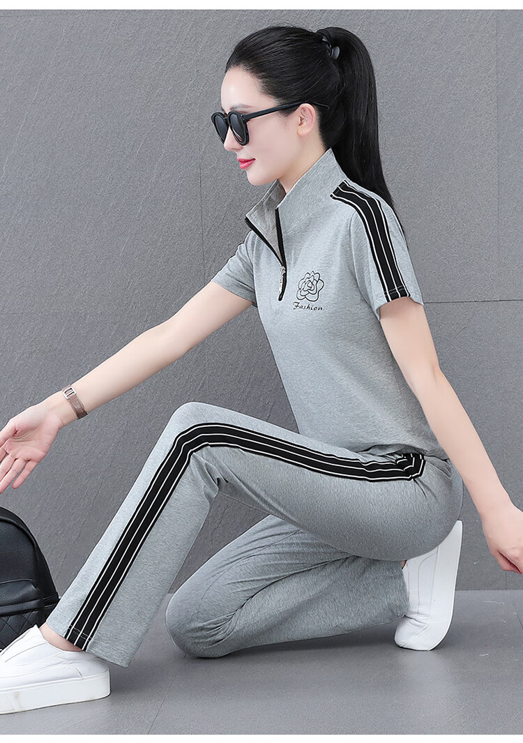 Woodpecker Zipper Sportswear Set for Women Summer Thin Cotton Middle-aged Fashion Casual Stand Collar Two-piece Khaki 2XL 23