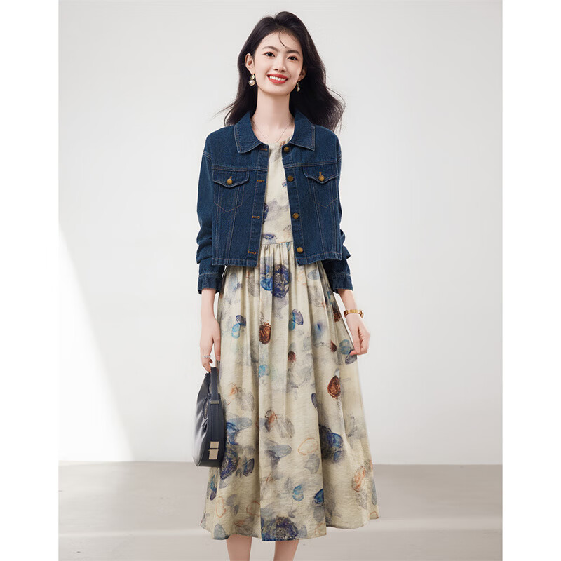 Xinfeiyu Vintage Denim Embroidered Short Jacket for Women, Spring 2026 New Stylish Versatile Printed Dress Two-Piece Set Hong Kong Style Outfit