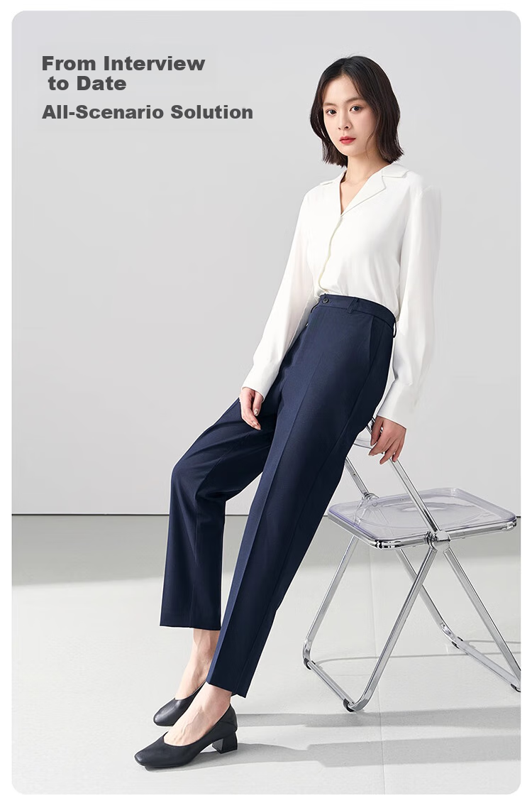 Bodexiaojie Navy Blue Suit Pants for Women, Professional Formal Wear, Interview Straight-Leg Trousers, Petite Cigarette Pants 6