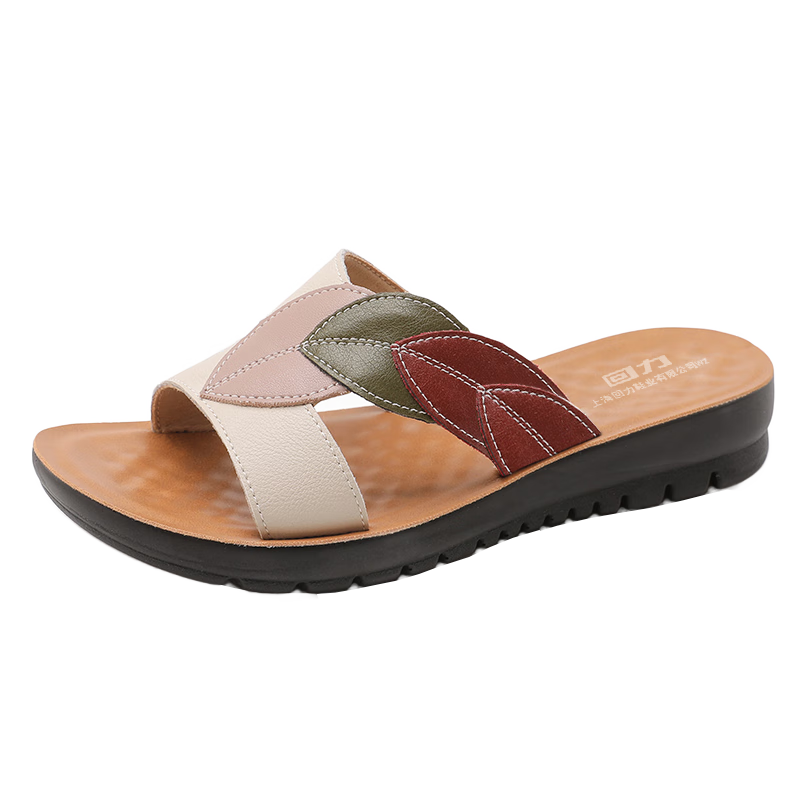 Huili Mom's Sandals for Middle-Aged And Elderly Women, 2026 New Summer Style, Soft-Soled Genuine Leather Slippers for Seniors, 0680 Beige, Size 43