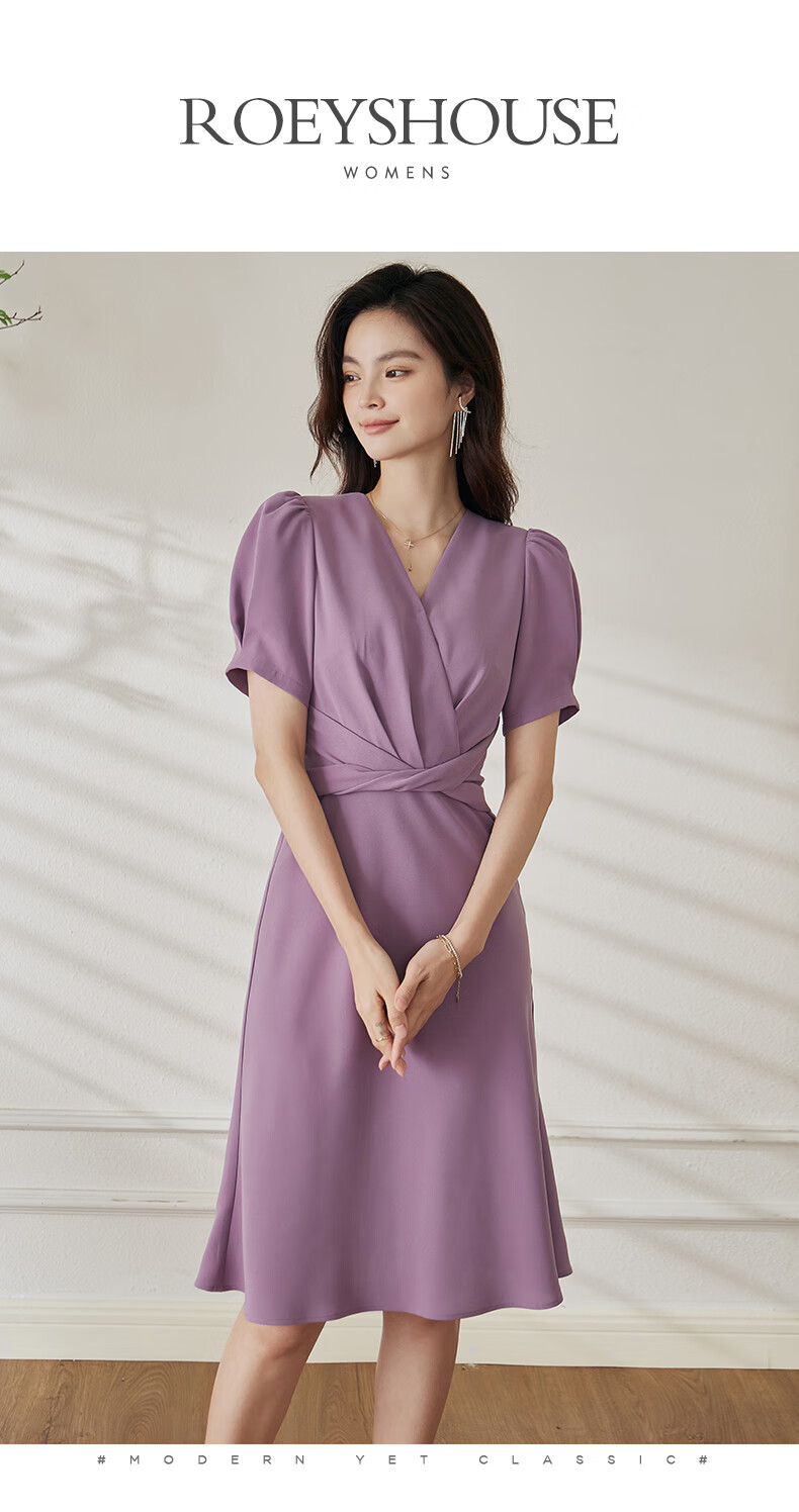 ROEYSHOUSE Slim Waist Twist Knot Dress Summer Elegant Puff Sleeve Mid-Length Dress 06439 Light Purple M 1