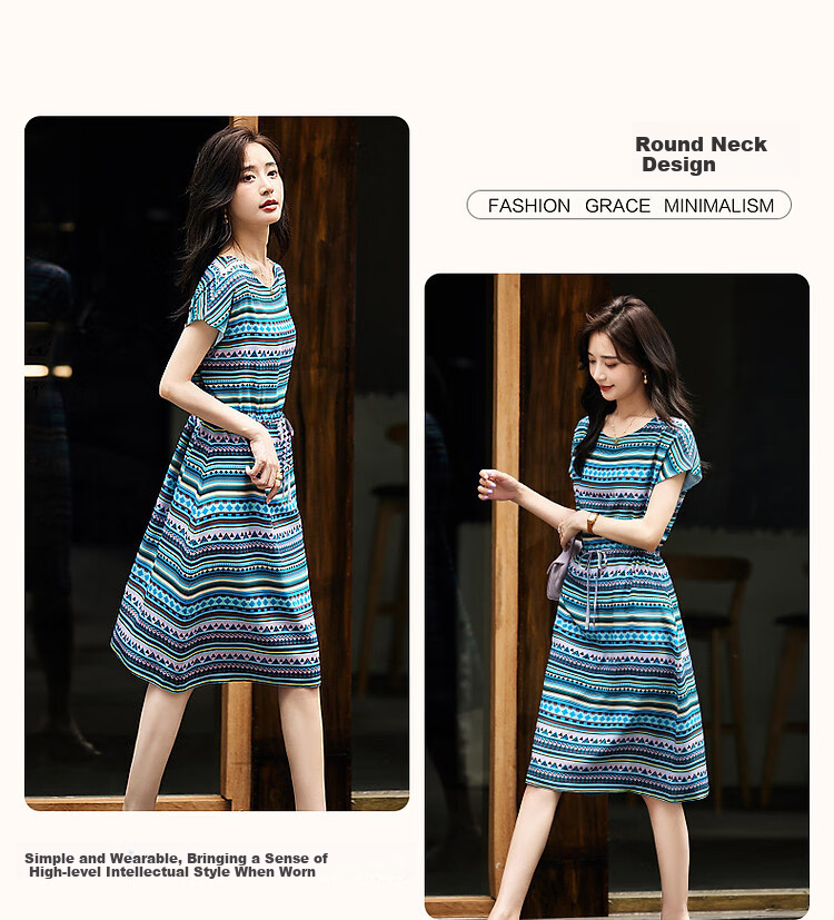Dme [Cambridge Story] Summer Lightweight Mulberry Silk Round Neck Striped Printed Drawstring Dress for Wome 5