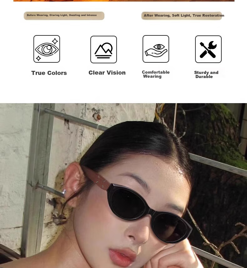 Boshide Sunglasses, Polarized Sunglasses, Cat Eye Retro Wood Grain Versatile Fashionable High-End Look, Glossy Black Frame with Gray Lenses 7