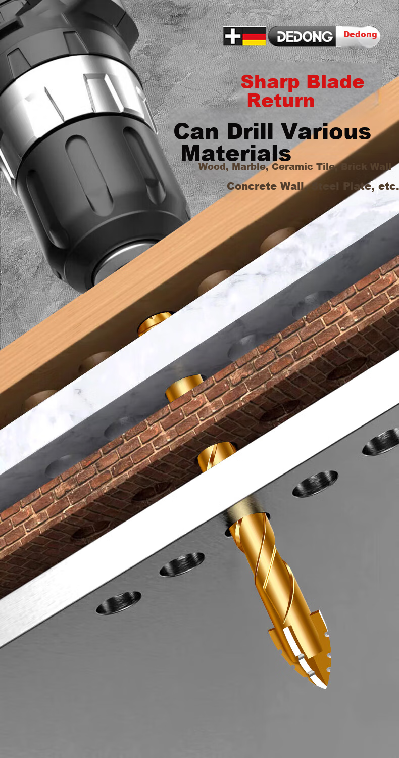 Dedong Four-Blade Serrated Eccentric Drill Bit for Tiles, Concrete, Stainless Steel, Dry Drilling, Angled Head, 6+8+10mm Three Pieces 9