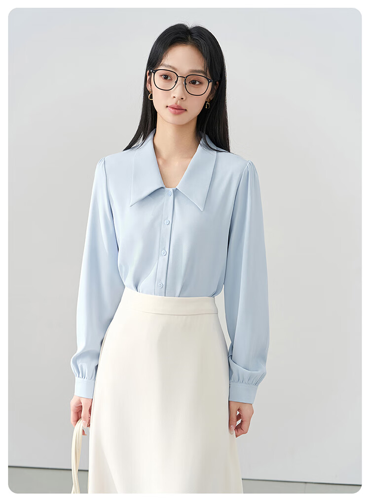Bodexiaojie Blue V-Neck Commuter Blouse for Women, Wrinkle-Resistant Professional Formal Wear Chiffon Shirt for Interviews 4