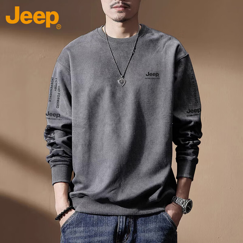 JEEP Men's Sweatshirt Jacket, Loose-Fitting Long-Sleeve T-Shirt for Spring And Autumn, Trendy Casual Outerwear for Men, Gray, Size L